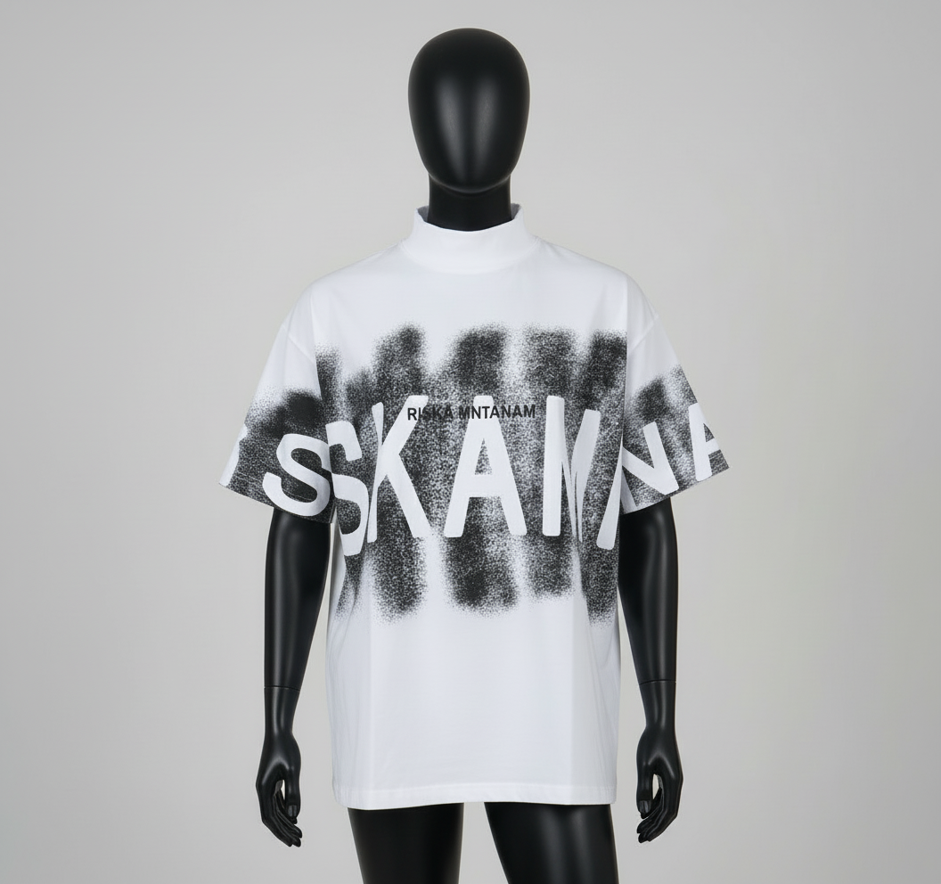 White RISKA MNTANAM T-shirt on Black Mannequin
